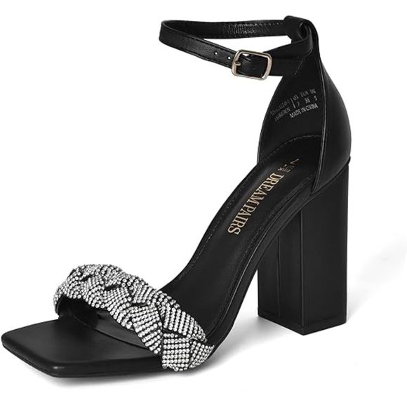 Shoes - Women's Heels for Women Braided Open Toe Black Ankle Strap High Block Heel